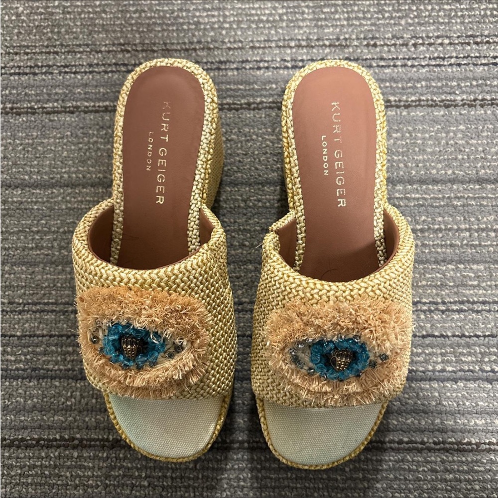 Kurt Geiger Tan and Blue Eye Embellished Mules